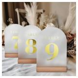 ORGANTEAM Wedding Table Numbers 1-20, Acrylic Arch Signs with Natural Wood Stands Holders, Rustic Table Decor for Reception & Parties (Frosted Gold)