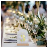 ORGANTEAM Wedding Table Numbers 1-20, Acrylic Arch Signs with Natural Wood Stands Holders, Rustic Table Decor for Reception & Parties (Frosted Gold)