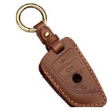 OLLEN Genuine Leather No Screws Key Fob Cover Fit for BMW 5 6 7 Series X1 X2 X3 X5 X6 GT Series etc, Blade Shape, Brown