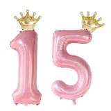 15 Number Balloon Pink 40 inch Big Foil Crown Helium 15th Balloons for 15 Year Old Boy Girl Birthday Party Decorations Wedding Anniversary Events Supplies