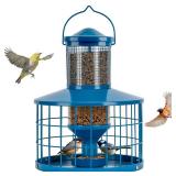 Caged Bird Feeders Squirrel-Proof, Metal, 2.8 Lbs Capacity-Cage Tube Seed Feeders with Tray Outdoor Hanging, Attract Birds,Detachable Cleaning, Starling Proof Wild Bird Feederï¼Blueï¼