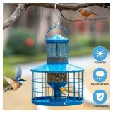 Caged Bird Feeders Squirrel-Proof, Metal, 2.8 Lbs Capacity-Cage Tube Seed Feeders with Tray Outdoor Hanging, Attract Birds,Detachable Cleaning, Starling Proof Wild Bird Feederï¼Blueï¼