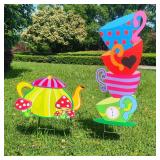 Alice Party Decorations Wonderland Yard Decor,Garden Tea Party Decorations Yard Stakes Stand Set, 1 Set Stacked Teacups and 1 Set Teapot with Brackets