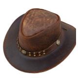 Leather Cowboy Hat for Men Women Western Australian Outback Hat with Shapeable Wide Brim, Brown Vintage Aussie Style Leather Hat for Unisex Adult with Chin Cord