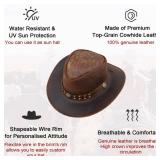 Leather Cowboy Hat for Men Women Western Australian Outback Hat with Shapeable Wide Brim, Brown Vintage Aussie Style Leather Hat for Unisex Adult with Chin Cord