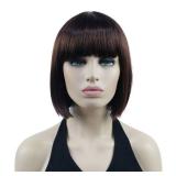 Lydell 8\" Straight Short Bob Hair Flat Bangs Cute Central Dot Skin Top Heat Resistant Synthetic Wigs (33 Dark Auburn)
