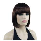 Lydell 8\" Straight Short Bob Hair Flat Bangs Cute Central Dot Skin Top Heat Resistant Synthetic Wigs (33 Dark Auburn)