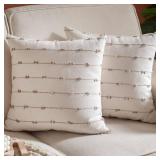 Caflife Boho Throw Pillow Covers Geometric 18x18 inches Beige and Natural Linen, Set of 2 Modern Farmhouse Decorative Pillow Covers for Couch Bed, Living Room, Home