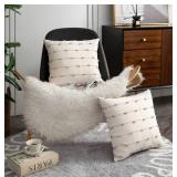 Caflife Boho Throw Pillow Covers Geometric 18x18 inches Beige and Natural Linen, Set of 2 Modern Farmhouse Decorative Pillow Covers for Couch Bed, Living Room, Home