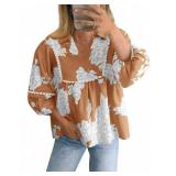 Tankaneo Womens Floral Peplum Babydoll Tops 3/4 Puff Sleeve Pleated Blouse Cute Casual V Neck Loose Fit Flowy Boho Shirts Brown