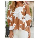 Tankaneo Womens Floral Peplum Babydoll Tops 3/4 Puff Sleeve Pleated Blouse Cute Casual V Neck Loose Fit Flowy Boho Shirts Brown