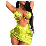 Kaei&Shi Metallic Swimsuit,Cut Out Keyhole Backless Sexy Thong Bodysuit,Rave Outfit for Women Festival Concert Outfits,Lime Green,Medium