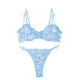 Lilosy Sexy Cute Underwire Push Up Strappy Heart Embroidered Mesh Sheer Lingerie Set for Women Bachelorette See Through Bra and Panty 2 Piece Bow Light Blue Large