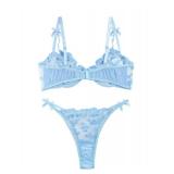 Lilosy Sexy Cute Underwire Push Up Strappy Heart Embroidered Mesh Sheer Lingerie Set for Women Bachelorette See Through Bra and Panty 2 Piece Bow Light Blue Large