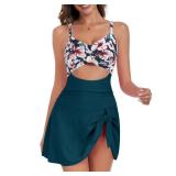 ZAFUL One Piece Swimsuit Tummy Control Bathing Suit for Women Over 50 Slimming Swim Dress Modest Swimwear Push Up Cut Out V Neck Swim Suit 2025 Trendy Cute Tie Knot Tankini Skirt Lake Green L