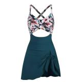 ZAFUL One Piece Swimsuit Tummy Control Bathing Suit for Women Over 50 Slimming Swim Dress Modest Swimwear Push Up Cut Out V Neck Swim Suit 2025 Trendy Cute Tie Knot Tankini Skirt Lake Green L