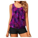 Yonique Blouson Tankini Swimsuits for Women Two Piece Bathing Suits Tops with Boyshorts Modest Loose Fit Swimwear Purple Leaf L