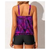 Yonique Blouson Tankini Swimsuits for Women Two Piece Bathing Suits Tops with Boyshorts Modest Loose Fit Swimwear Purple Leaf L