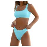 KerryKreey High Waisted Bikini Sets for Women Tummy Control Swimsuit Push Up Crop Top 2 Piece Teen Girls Bathing Suits Sky Blue