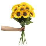Laelfe Artificial Sunflower Flowers Long Stem Silk Fake Large Sunflowers Decoration for Outdoor Home Wedding Baby Shower Birthday Party Single Bulk Yellow Decor (Dark Center)