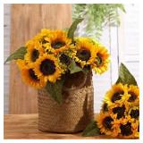 Laelfe Artificial Sunflower Flowers Long Stem Silk Fake Large Sunflowers Decoration for Outdoor Home Wedding Baby Shower Birthday Party Single Bulk Yellow Decor (Dark Center)