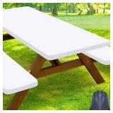 Smiry Picnic Table Cover with Bench Covers, Waterproof Elastic Fitted Polyester Tablecloths for 6 Ft Rectangle Tables, Washable Windproof Tablecloth for Camping, RV & Outdoor (White, 30x72 Inches)