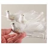 White Glittered Dove Ornaments with Feather Tails, Clip or Hang- Lot Of 4