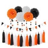 Halloween Tissue Paper Tassel Garland- Orange, Black & White - Lot of 4 pks
