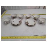 Porcelain Tea Set with Pink Rose Pattern and Gold Trim, 6 cups, 6 saucers