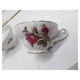 Porcelain Tea Set with Pink Rose Pattern and Gold Trim, 6 cups, 6 saucers
