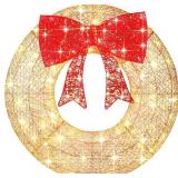 $79 FUNNGO Lighted Christmas Wreath w/Red Bow, 8 Light Functions