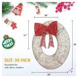 $79 FUNNGO Lighted Christmas Wreath w/Red Bow, 8 Light Functions