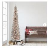 6 ft Prelit Rose Gold Tinsel Pencil Tree, 100 UL Incandescent Lights