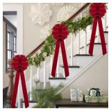 Red Velvet Xmas Tree Bows 3 Large 12x33 Inch Vintage Holiday
