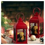 Decorative Lantern LED Candle Timer Vintage Christmas Red Look