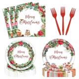 96 PCS Christmas Tableware Set Red Poinsettia Flora for 24 Guests