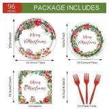 96 PCS Christmas Tableware Set Red Poinsettia Flora for 24 Guests