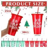 Tioncy 30 Pcs Christmas Plastic Cups with Lids and Straw, 25 Oz