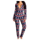 Adult Pajama Button Flap Print Christmas Long Sleeve Jumpsuit