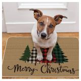Merry Christmas Door Mat Rug, 16 x 28 Inch (Plaid Tree Style)