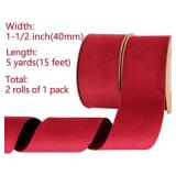 2 Rolls Christmas Red Velvet Ribbon 1 1/2" for Crafting