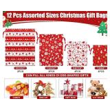 12PCS Christmas Gift Bags, Assorted Sizes, with Tags & Drawstrings