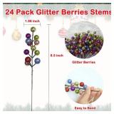 24 Pack Christmas Glitter Berries Stems, 8.5" for Xmas Decor