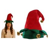 Unisex Adult Red Green Elf Hat with Giant Jingle Bells