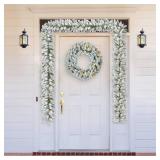 $46 2pk 6ft Pre-Lit Snow Flocked Christmas Garlands, 35 LED Lights