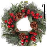 20" Xmas Wreath, Green Pine, Red Berries