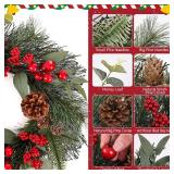 20" Xmas Wreath, Green Pine, Red Berries