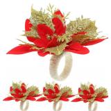 4pcs Christmas Napkin Rings Red Gold Flower Design Decor