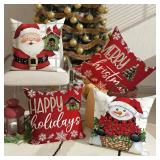Christmas Throw Pillow Covers Set, Red Velvet Santa, 18x18 Inch.