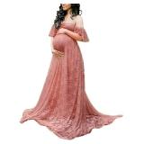 Maternity Photography Props Floral Lace Dress Fancy Pregnancy Gown for Baby Shower Photo Shoot (XL, Pink Carnation)
